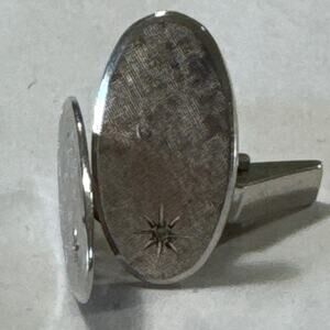 1x.5” Oval Brushed Sterling Silver Star Burst Diamond Accent Cuff Links